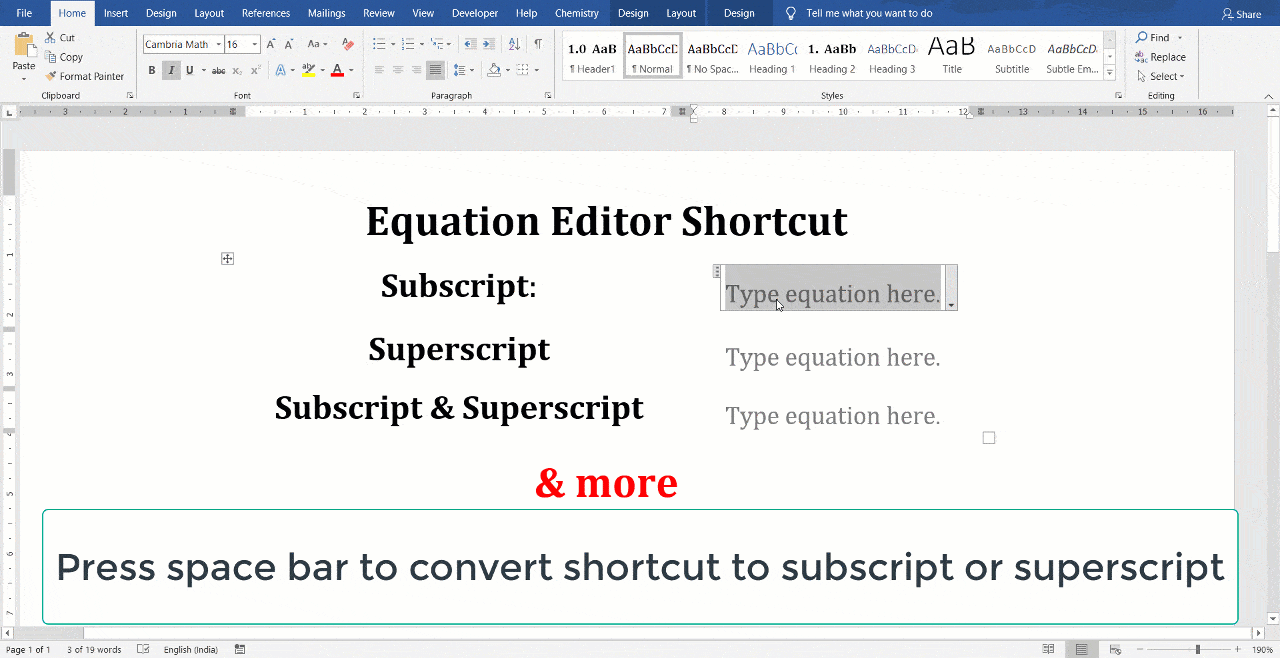 Animation of equation editor shortcut for subscript and superscript in Ms Word
