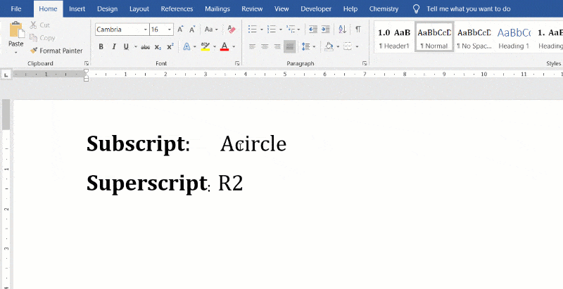 Animation of how to insert subscript and superscript in Ms Word using keyboard shortcut