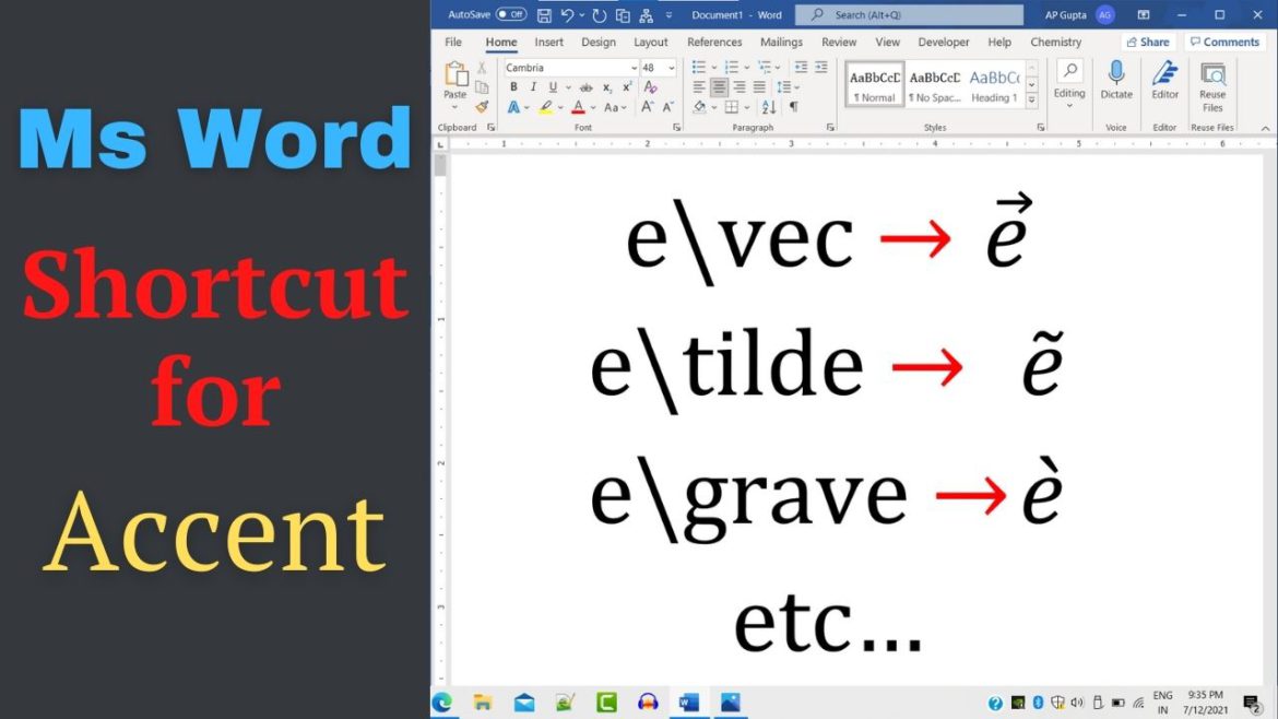 Ms Word equation editor shortcut for Accents [2021]