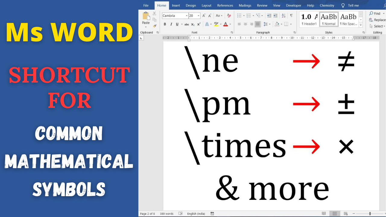 Ms Word shortcut for commonly used Mathematical and Scientific Symbols