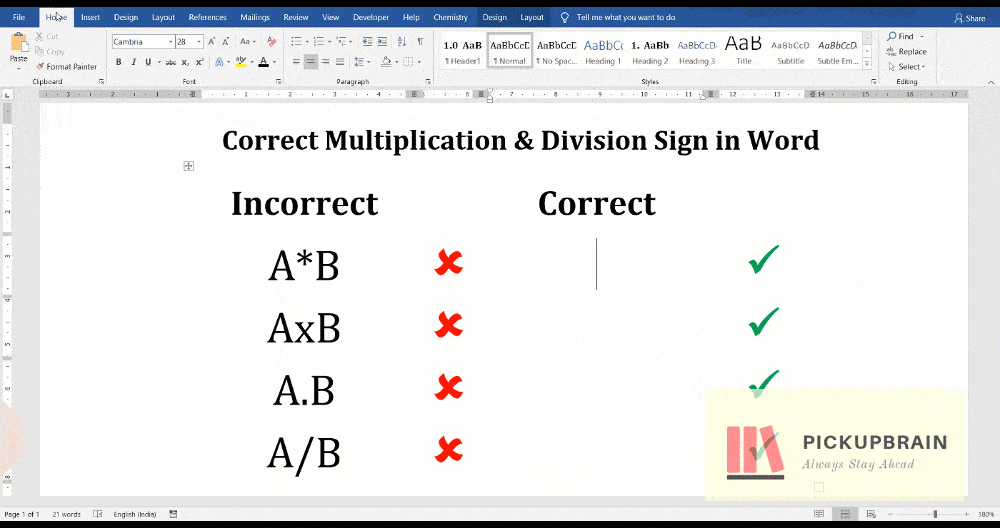 How to type multiplication & division symbol in Word