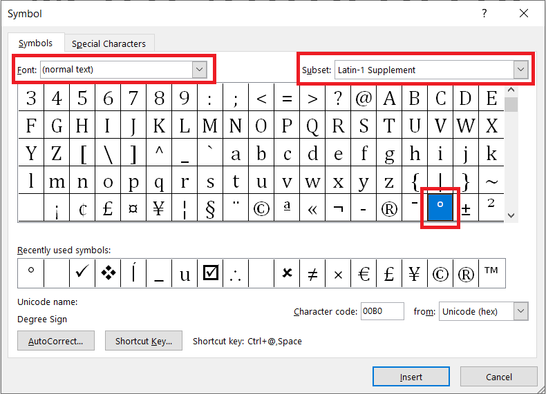 Locate degree symbol in Ms Word.