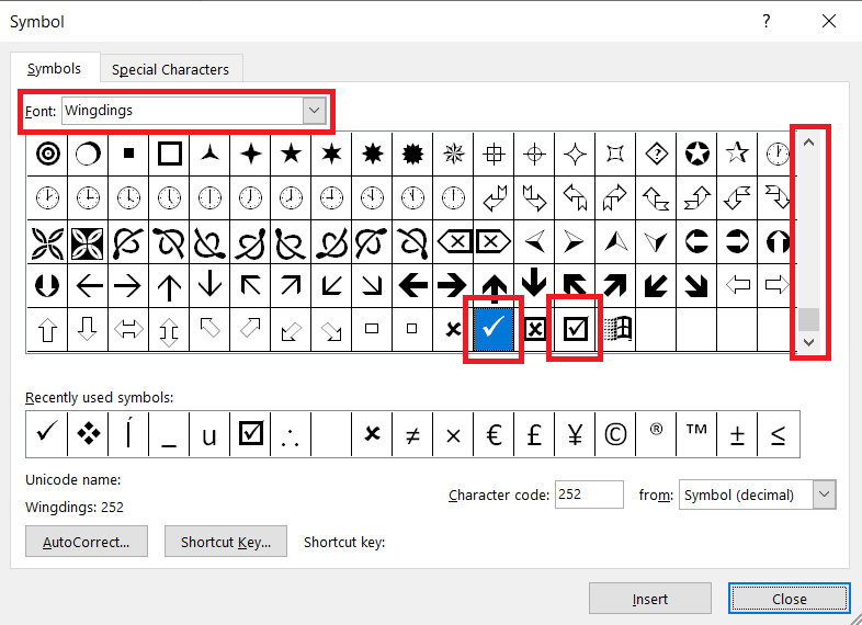 Which symbol is a tick in word