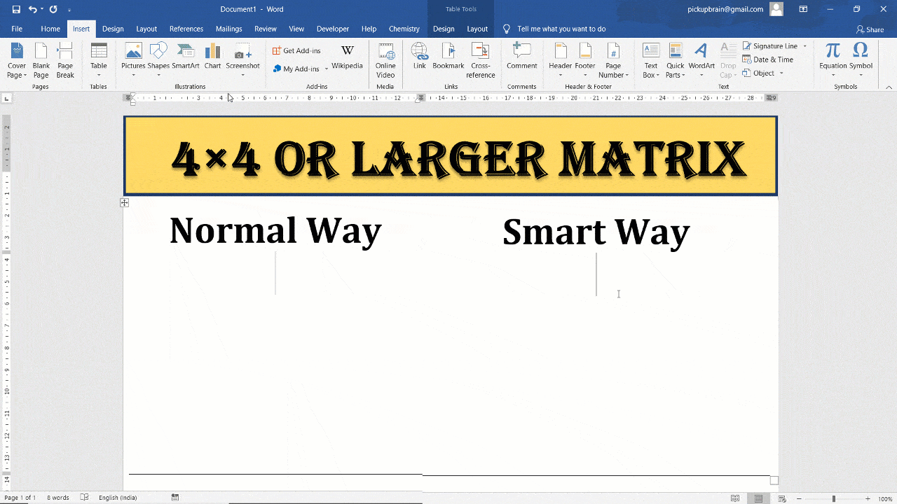 Comparison of two methods to insert 4x4 or larger matrix in Word