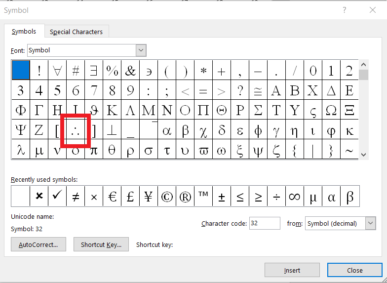 Insert therefore symbol in Word