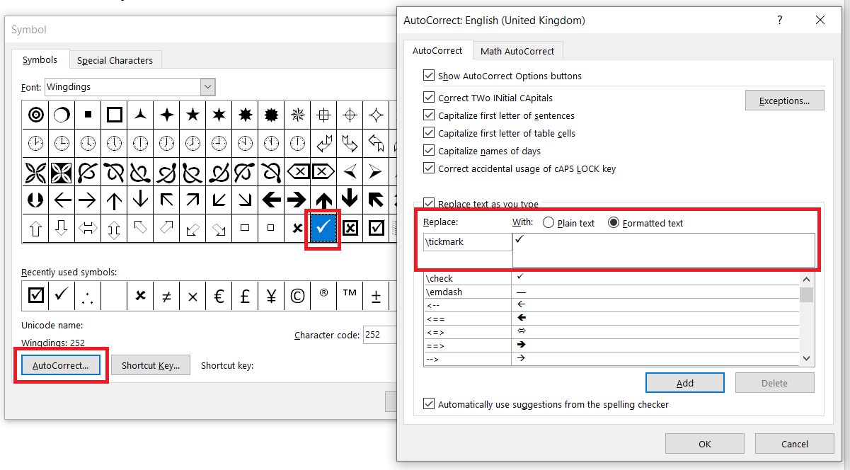 Setting autocorrect entry for Tick Mark Symbol in Word
