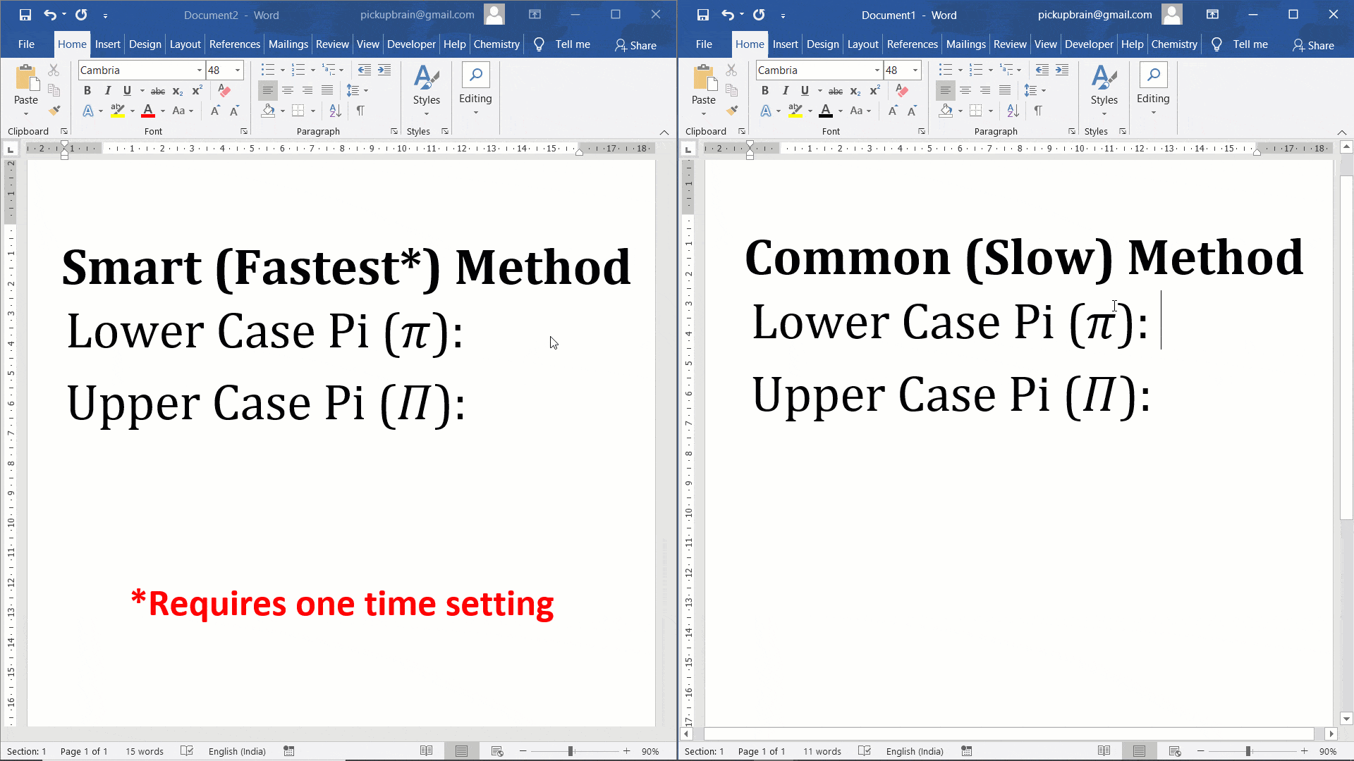 How to insert pi symbol in word - comparison of different method