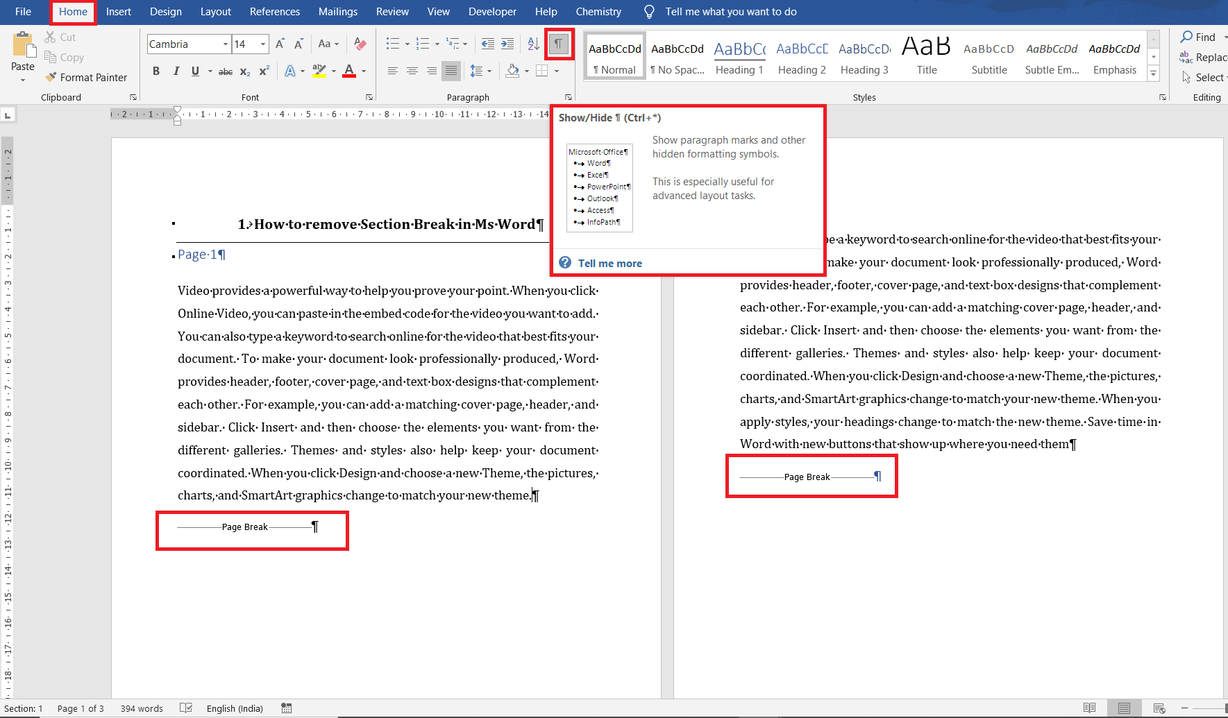How to display non printing character in Word and remove page break.