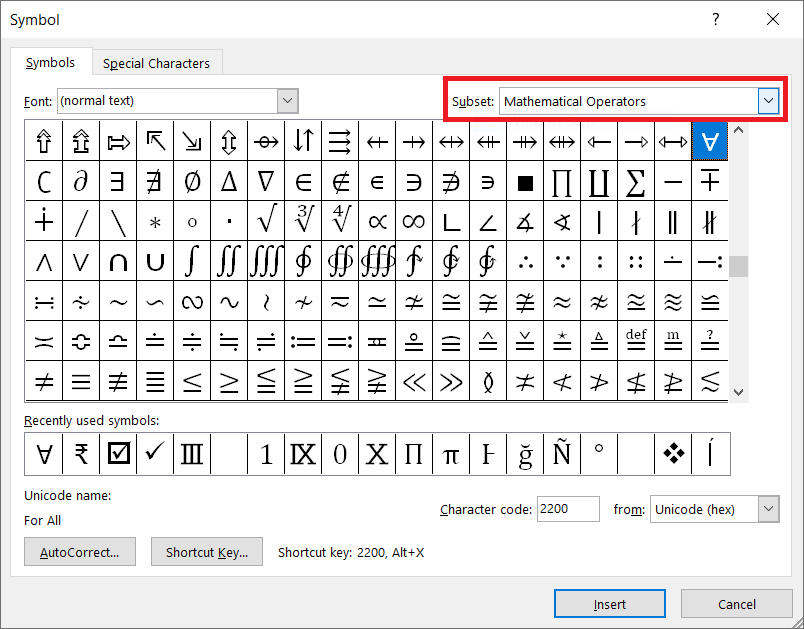 How to type for all symbol in Word