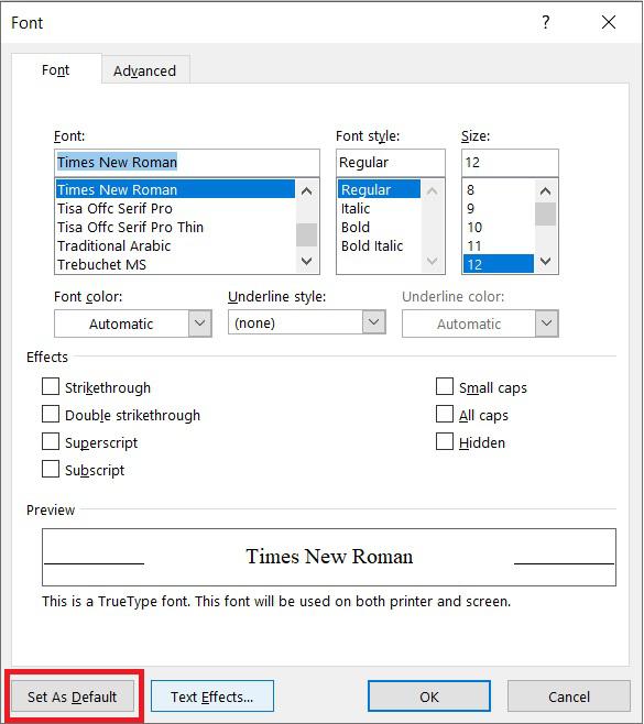 set default font in Word