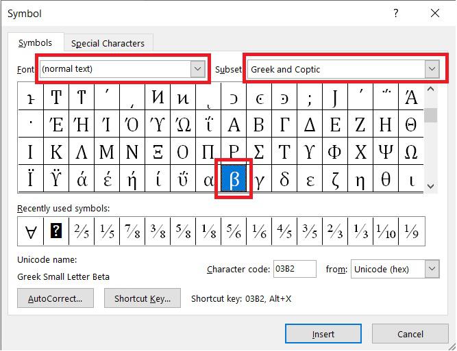 Insert beta symbol in Word using Insert symbols