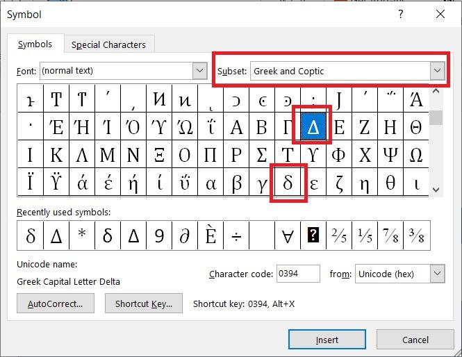 Locate Delta in Word