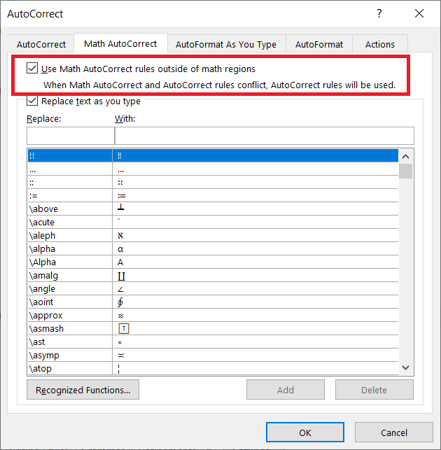 Enable math autocorrect outside math region