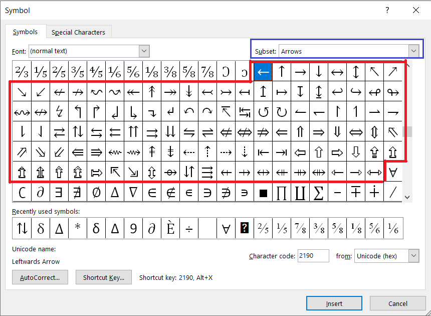 Locate Arrows in Ms Word Symbols