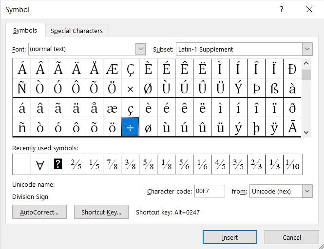 Find division symbol in Word