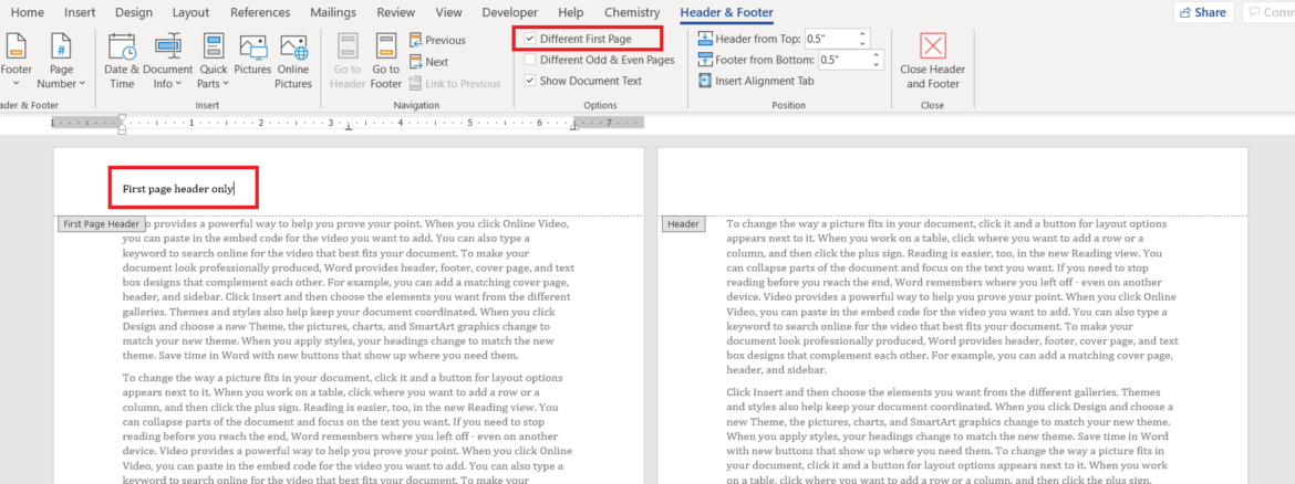 ms word header only on the first page