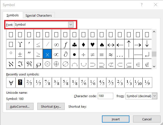 Locate Multiplication Sign in Word