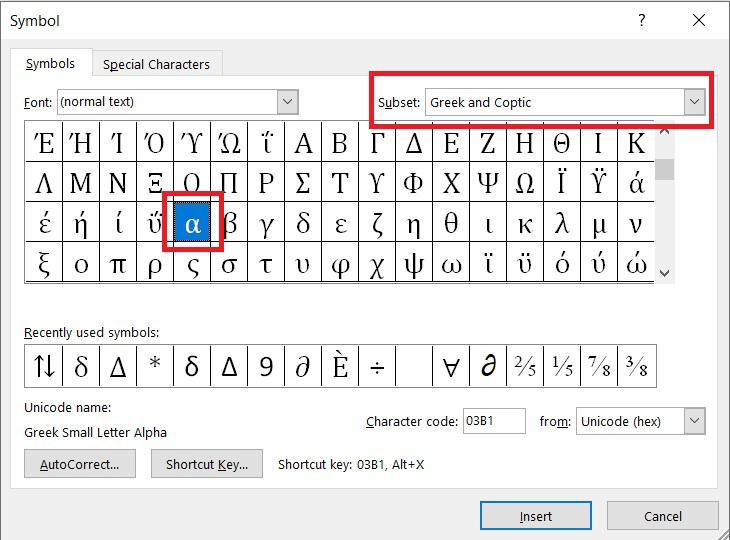 Locate alpha symbol in Word