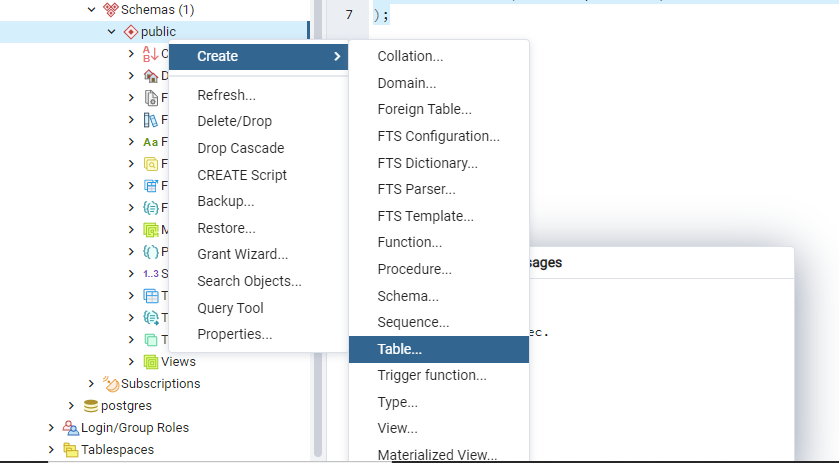 Step 2 to Create-Table in PgAdmin