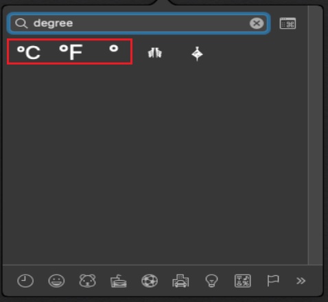 degree symbol in Mac using symbols and emoji