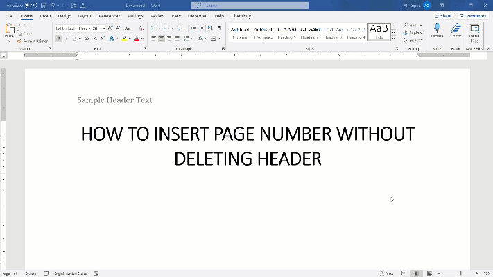 Steps by step method to insert page number without deleting header