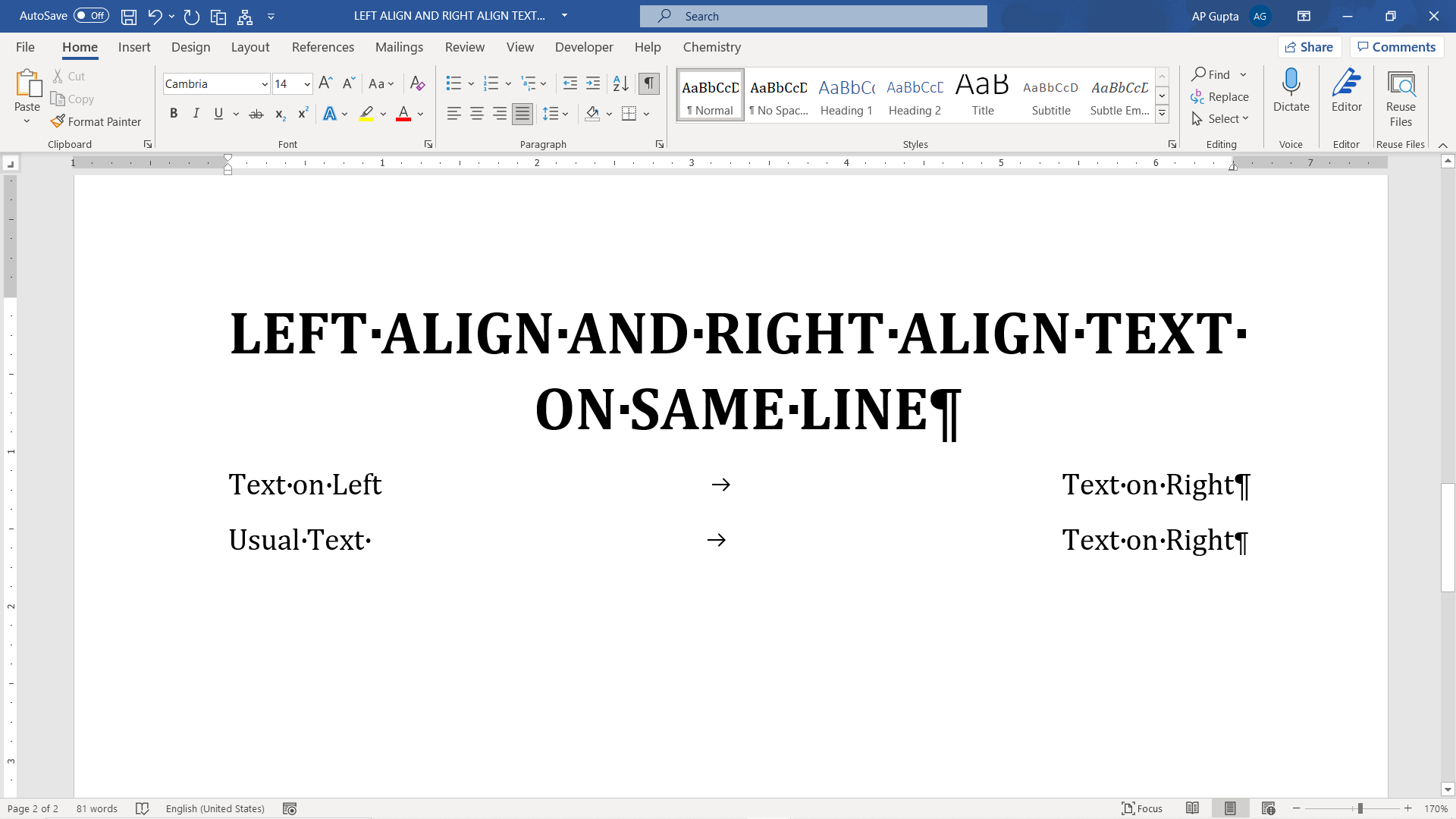 How to align text left and right on same line in Ms Word