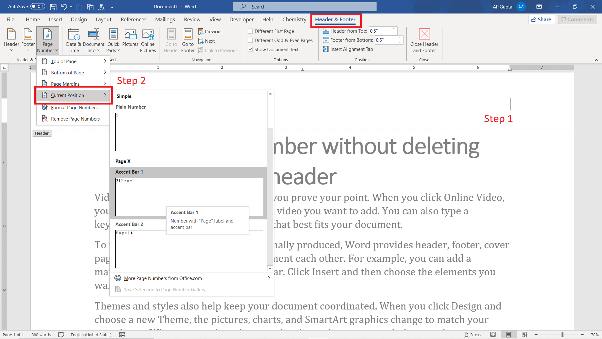 steps to insert page number without deleting header or footer