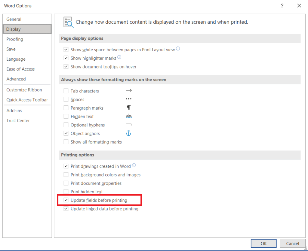 How to update all fields before printing in Word for Windows