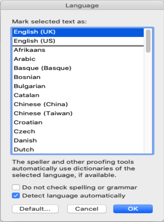 Change spelling check language in Word for Mac OS