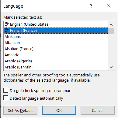 Change spelling & grammar check language in Word for Windows