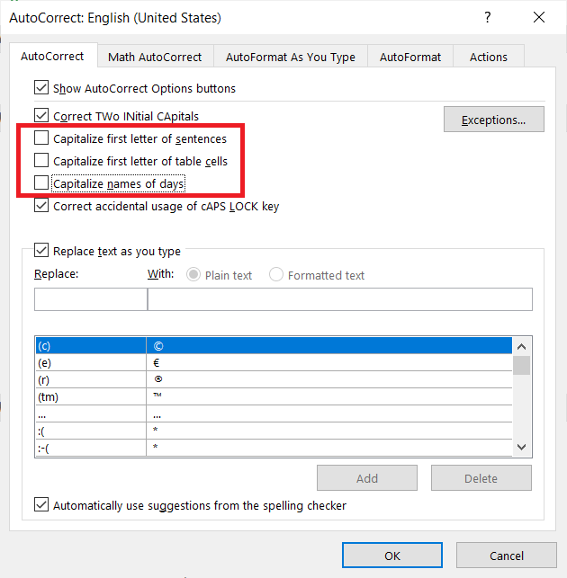 Setting to Disable auto capitalize in Word
