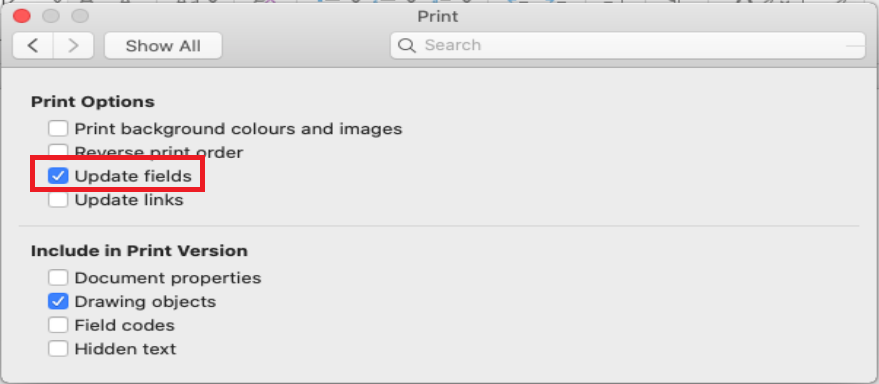 Update all fields before printing in Word for MacOS