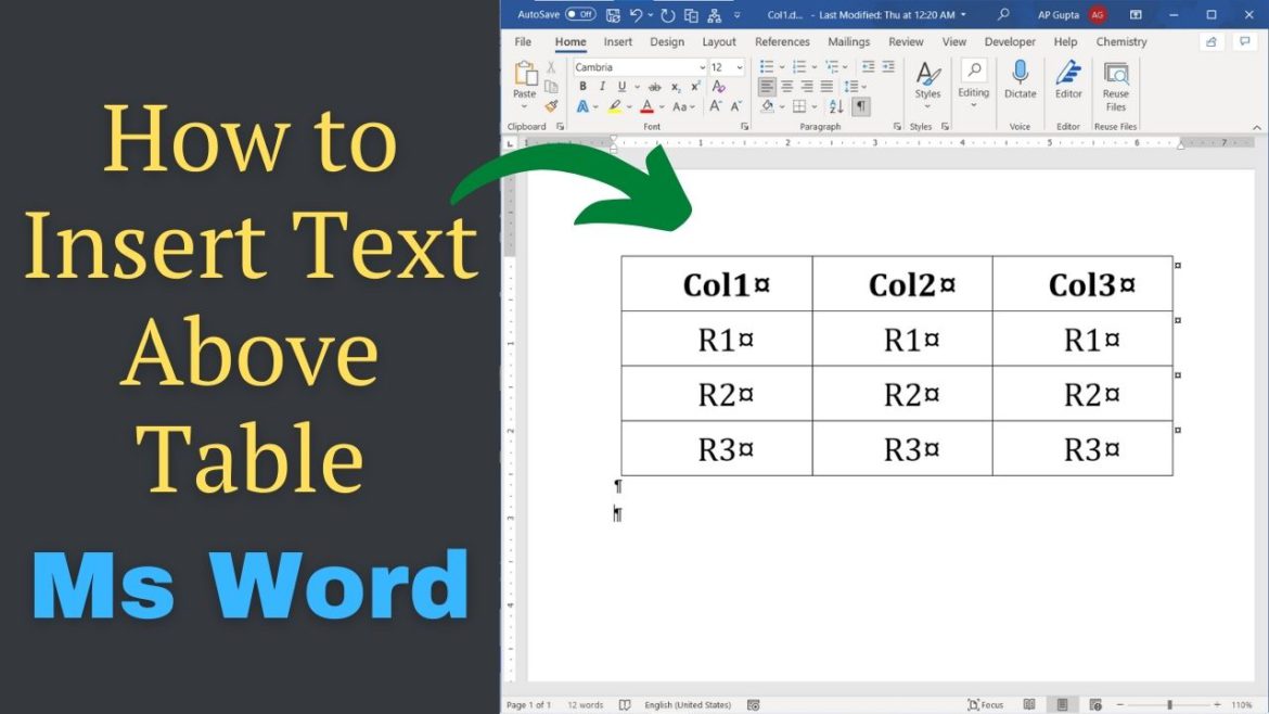 How to insert text above table in Word