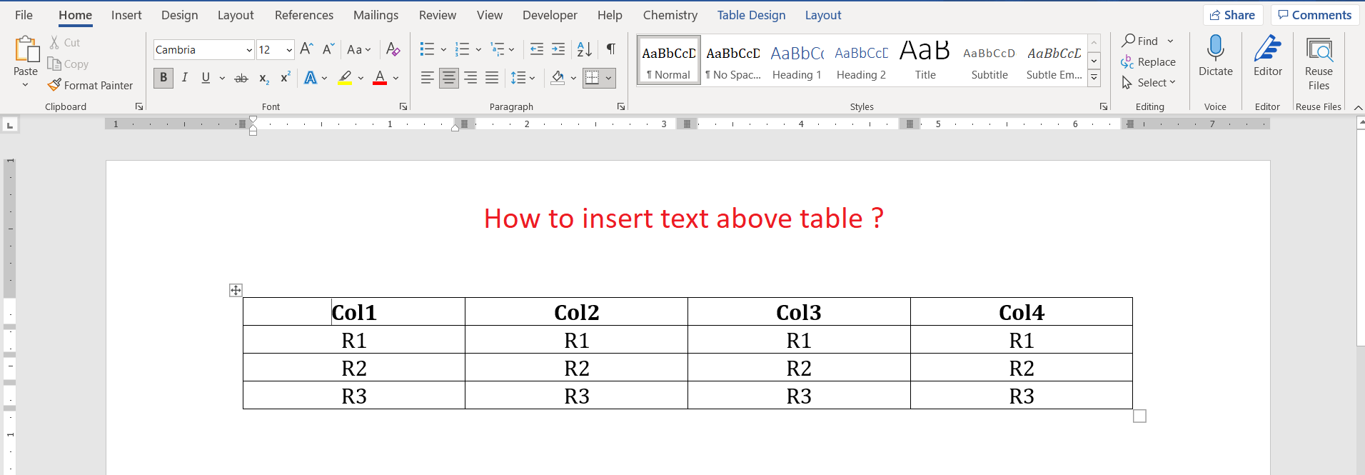 [Solved] How to insert text above table in Word 2007 & above ...