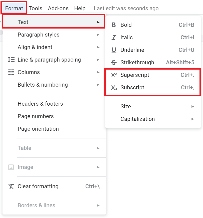 Locate subscript or superscript option in google docs