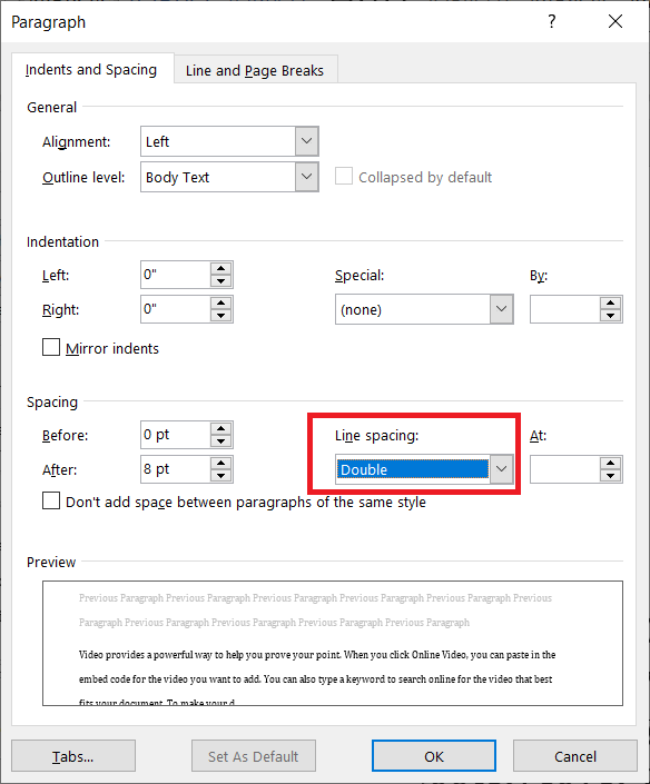 Double line spacing in Word using styles