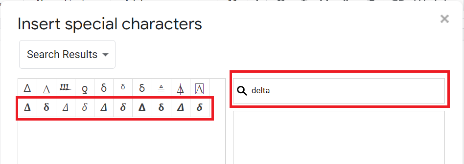 Search special character in google docs using name or unicode.