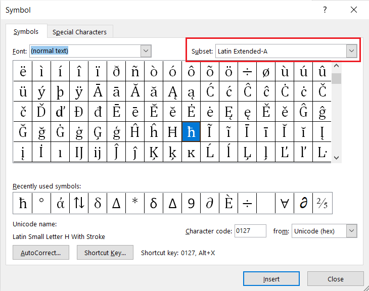 Locate h-bar symbol in Ms Word
