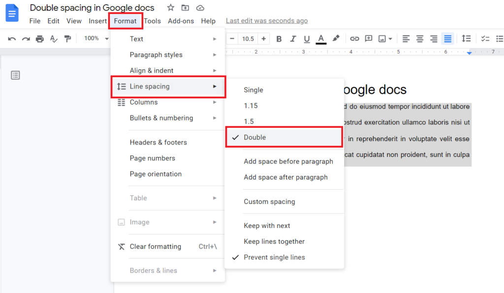 Method 1: Double spacing in Google Docs