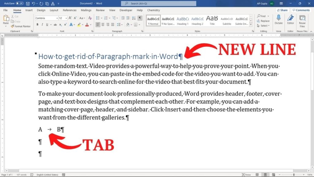 Example of paragraph symbol and other formatting character in Word