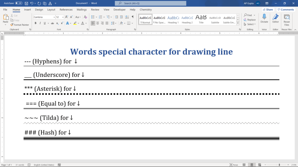 Ms Word's special character to draw horizontal line