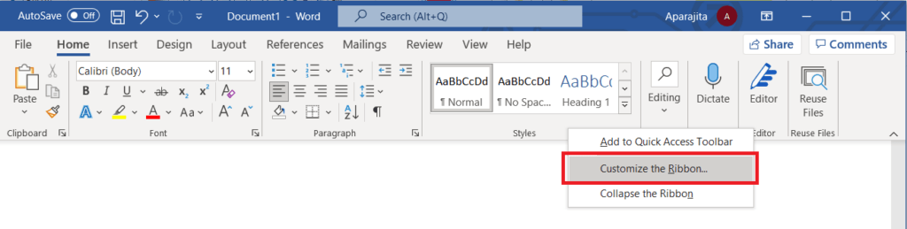 Add developer tab in Word using "Customize ribbon"