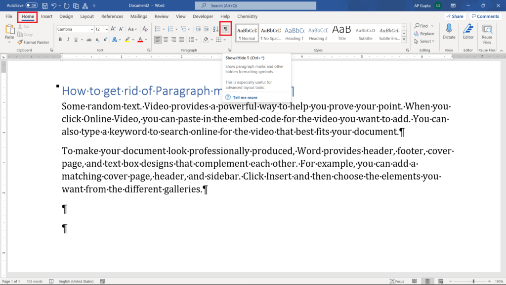 Remove paragraph and other formatting symbols using show/hide formatting option