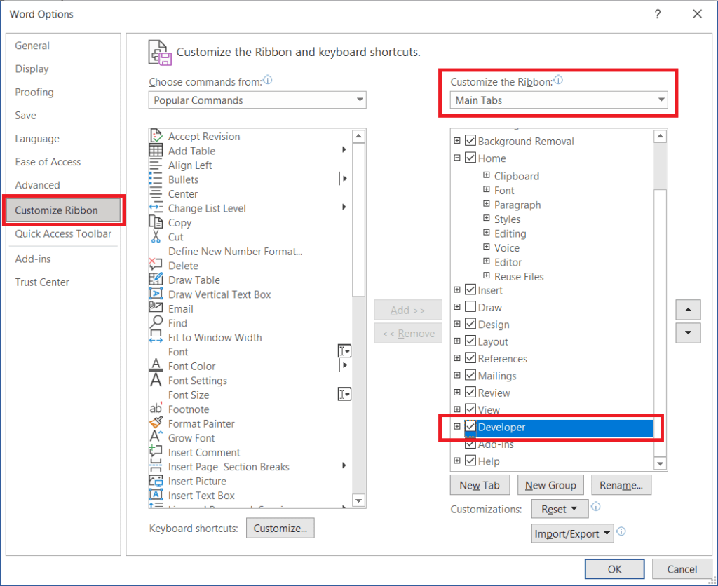 Options to enable/show/add developer tab in Ms Word 