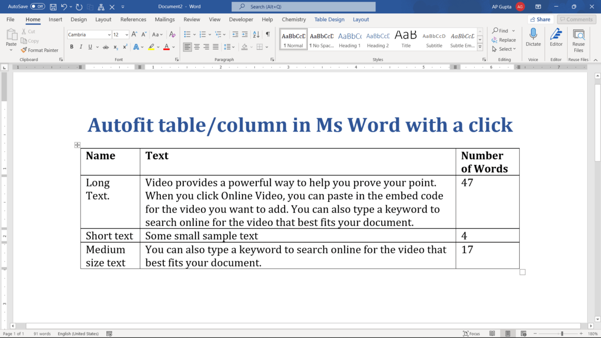 How to autofit column width of Ms Word Table