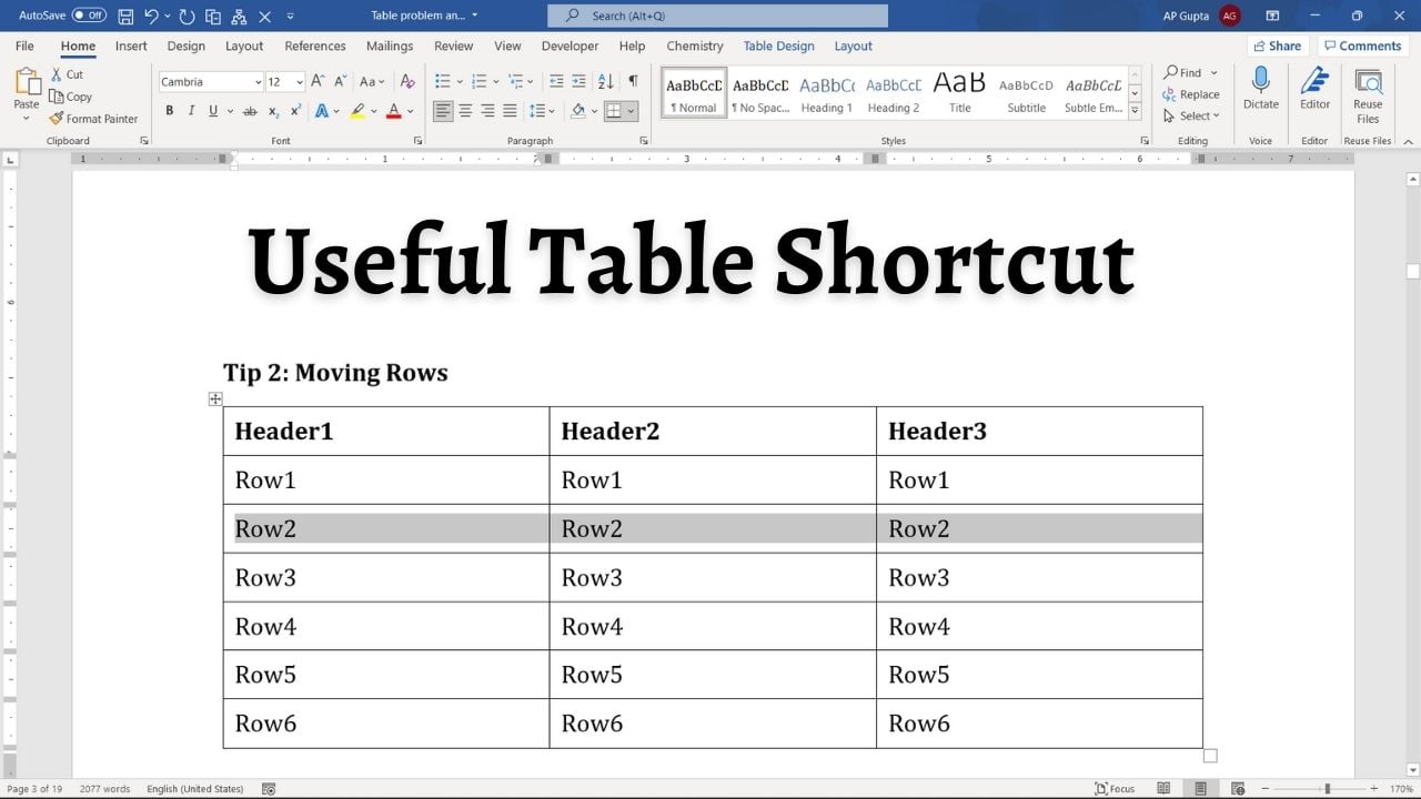 Ms Word shortcut for working with table