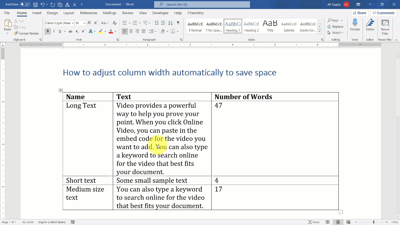 Autofit column width of the table in Ms Word