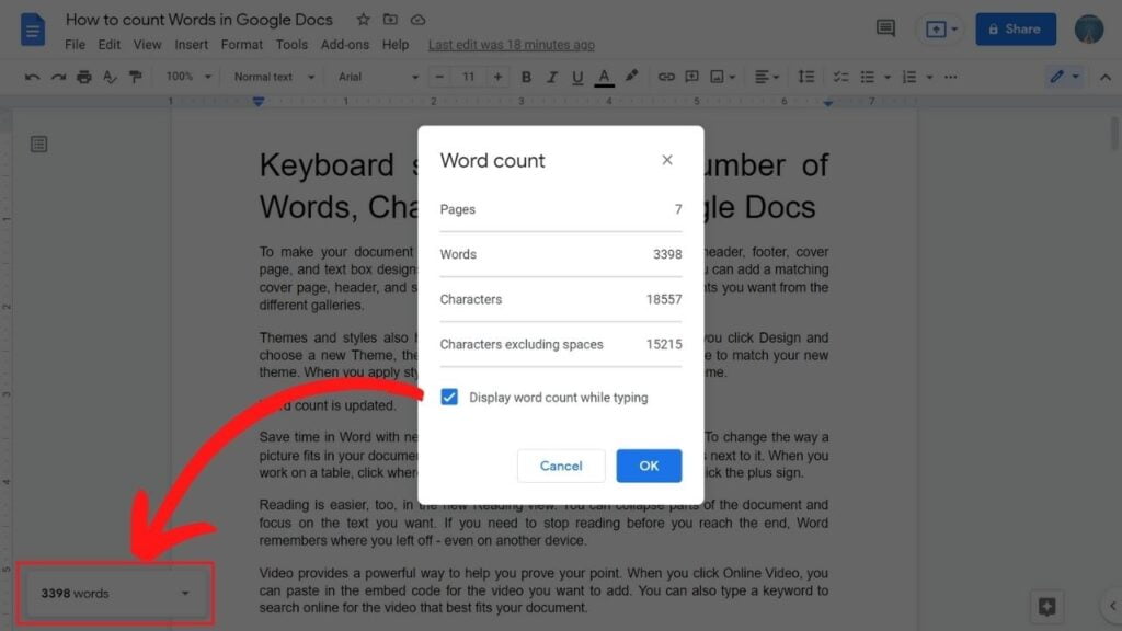 number of words, characters (with and without spaces) and pages in Google docs