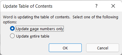 Update options for Table of Contents