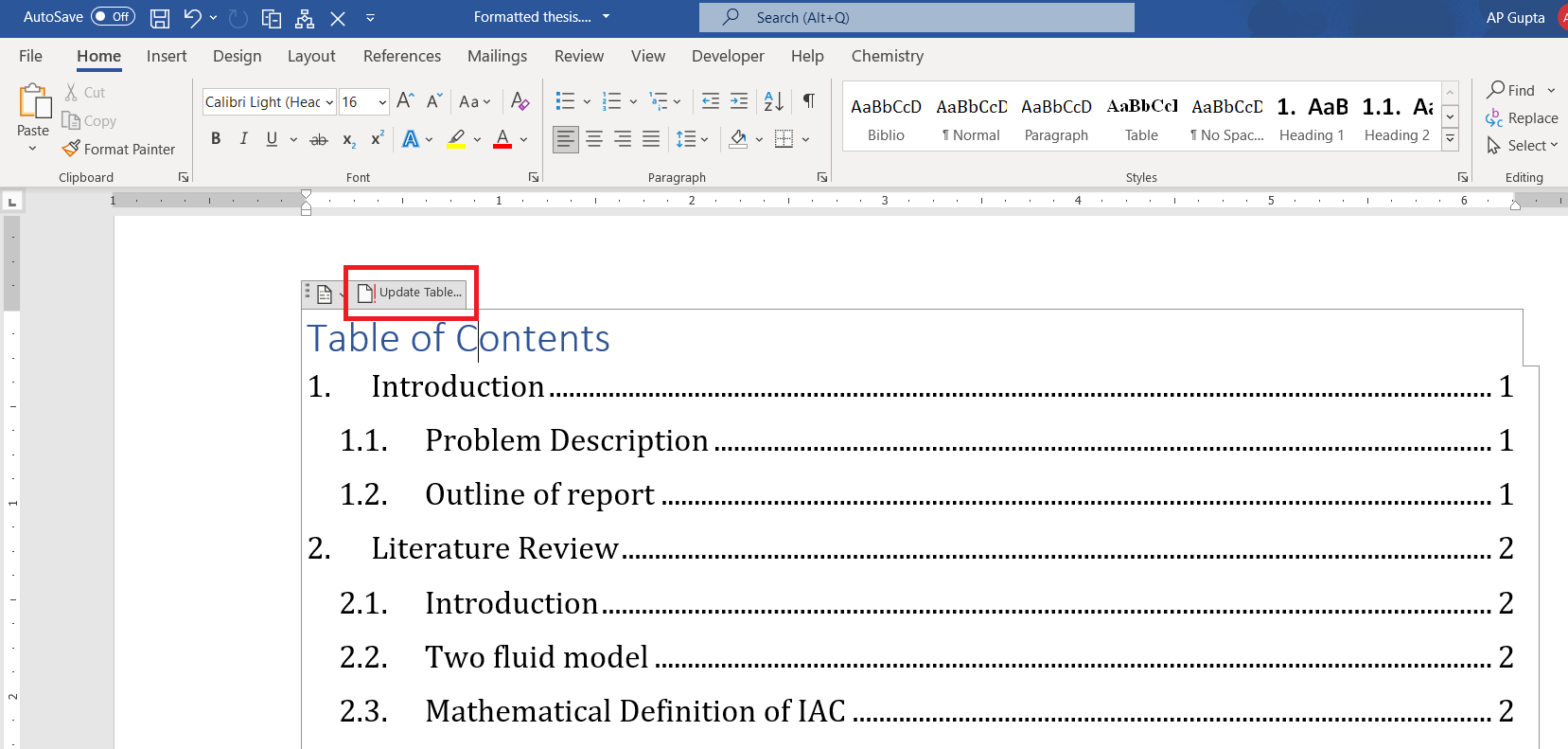 update table of contents